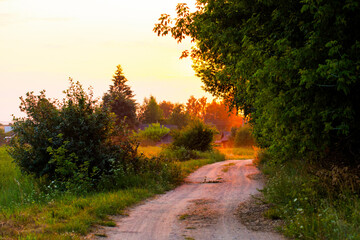 Summer sunset and countryside dusty road. Warm colors high contrast photo.