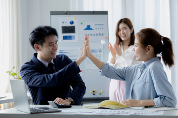 Startup marketing team meetings, relaxed and happy meetings, brainstorming sessions for implementation planning, management by new generations. The idea of opening a startup company.