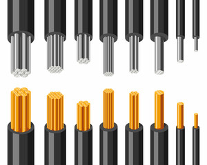 Cables and wires vector of electrical power set isolated on white background.