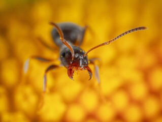 black ant on leaf macro