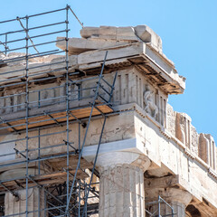 Scaffolds on Parthenon ancient temple under restoration works, Athens Greece