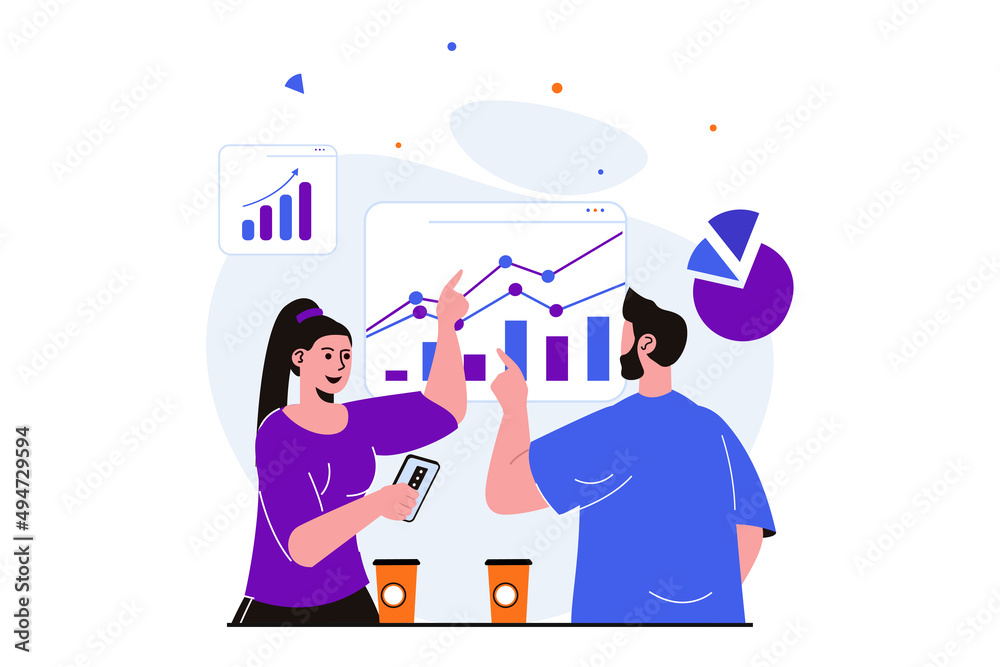 Poster teamwork modern flat concept for web banner design. woman and man analyze data, discuss statistics, 