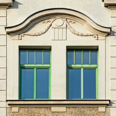 A pair of classic design house windows with green frame, Saxony, Germany
