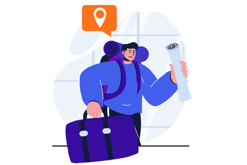 Traveling modern flat concept for web banner design. Man with backpack and luggage goes on trip. Tourist go on vacation for recreation and sightseeing. Illustration with isolated people scene