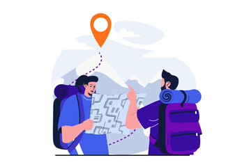 Traveling modern flat concept for web banner design. Woman tourist looks at map with trekking route, man backpacker points to mountain top and hiking. Illustration with isolated people scene