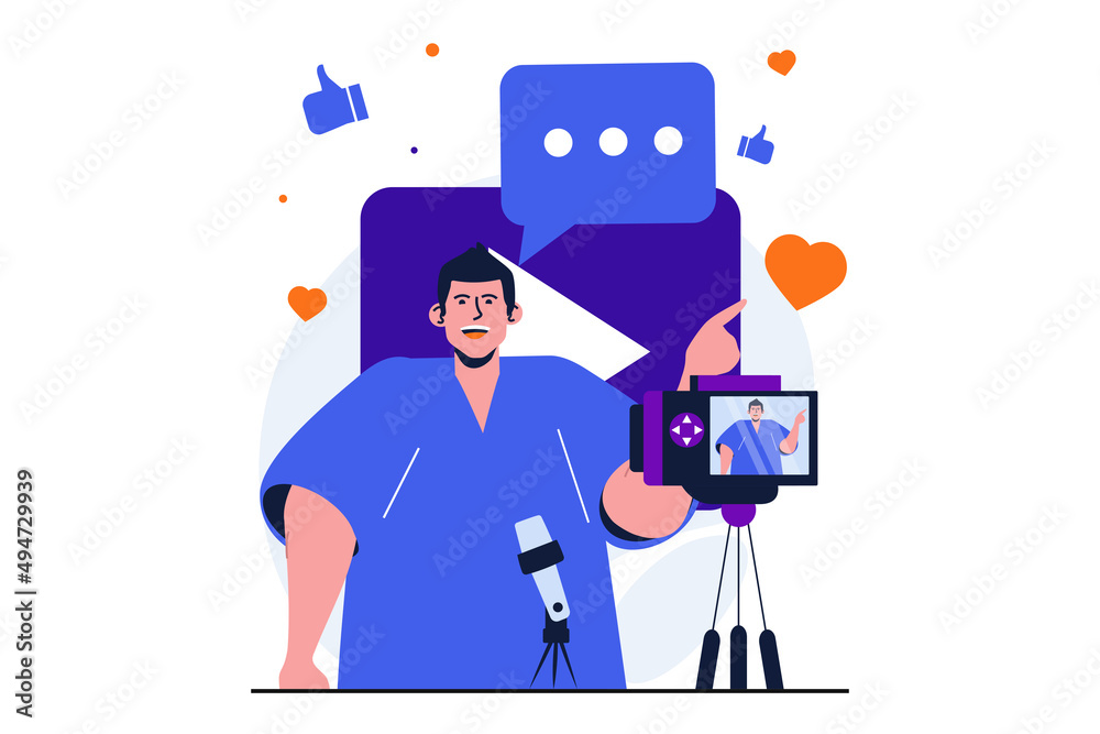 Aufkleber Video blogging modern flat concept for web banner design. Man blogger recording tutorials on camera and live streaming online. Influencer promotes blog. Illustration with isolated people scene
