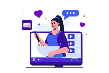 Video blogging modern flat concept for web banner design. Woman blogger recording cooking videos and recipe tutorials. Influencer promotes food blog. Illustration with isolated people scene