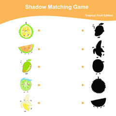 Fruits shadow Matching game worksheet. Tropical Fruits Edition. Educational activity for preschool kids. Vector illustration. Motoric movements.