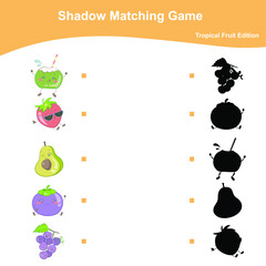 Fruits shadow Matching game worksheet. Tropical Fruits Edition. Educational activity for preschool kids. Vector illustration. Motoric movements.