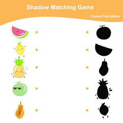 Fruits shadow Matching game worksheet. Tropical Fruits Edition. Educational activity for preschool kids. Vector illustration. Motoric movements.