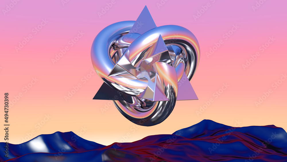 Poster abstract chrome shape over blue landscape in vaporwave sunset. background with mysterious surreal sh