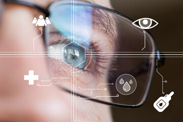 Eye monitoring and treatment in healthcare. Biometric scan of the male eye on virtual panel.