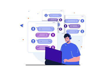 Virtual assistant modern flat concept for web banner design. Man in headset chats with client in messenger, helps to solve problem and gives advice. Illustration with isolated people scene