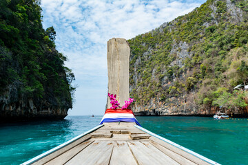 Scenic of prow boat over the sea of Maya bay at Phi Phi Island (Ko Phi Phi Don) , Krabi Thailand. Can used for travel Thailand concepts.	