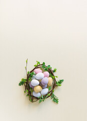 Easter colored eggs on a fashionable light background. minimal concept. Card with copy space for text.