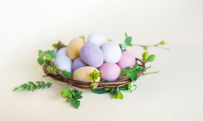 Easter colored eggs on a fashionable light background. minimal concept. Card with copy space for text.