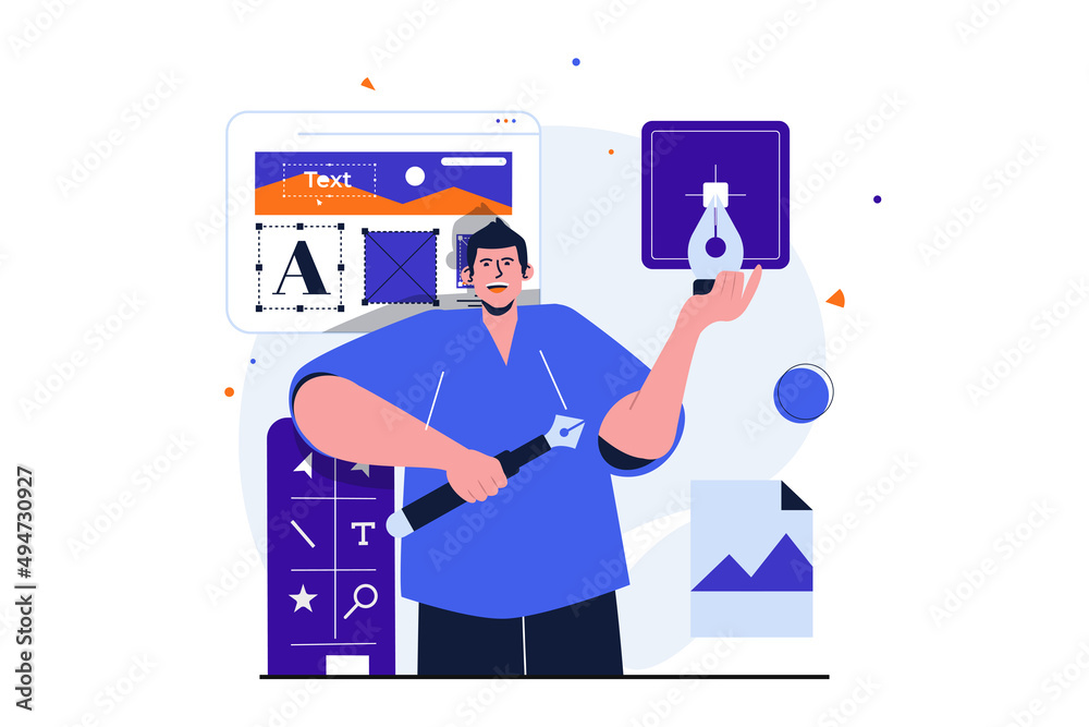 Aufkleber web designer modern flat concept for web banner design. man illustrator draws graphic elements using