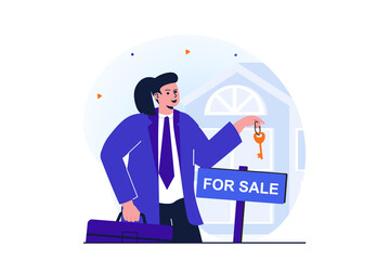 Women working modern flat concept for web banner design. Woman works as realtor in real estate agency. Agent holds key and standing near house for sale. Illustration with isolated people scene