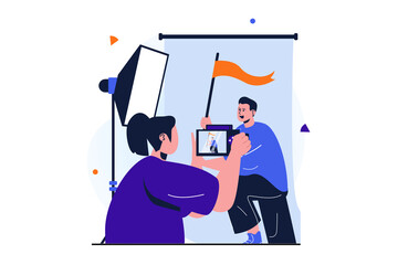 Women working modern flat concept for web banner design. Woman working as professional photographer in photo studio, makes photoshoot for posing man. Illustration with isolated people scene
