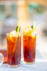 Iced lemon tea at outdoor restaurant