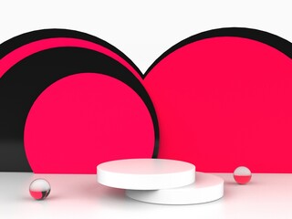 Red background with simple minimal white podium with circle shape background black product set 