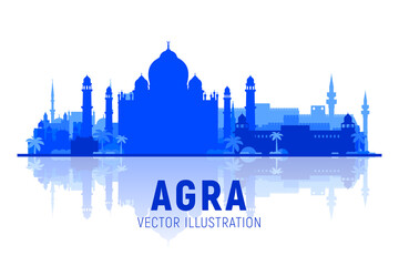 Agra India skyline silhouette with panorama at white background. Vector Illustration. Business travel and tourism concept with modern buildings. Image for banner or web site - obrazy, fototapety, plakaty