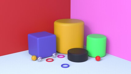 3d render cylinder shape colorful pink, yellow, green, black, ring, background  illustration