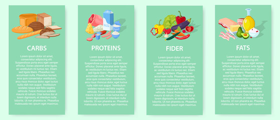 Fototapeta premium A set of useful macronutrients.Fiber, proteins, fats and carbohydrates.A set of useful products.Vector illustration.