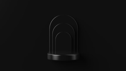 Minimal black podium with arch geometric simple basic shape 3d rendering  product display set dark background