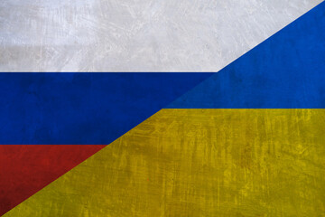 Flag of Russia and Ukraine on a grunge concrete wall. War between Ukraine and Russia background