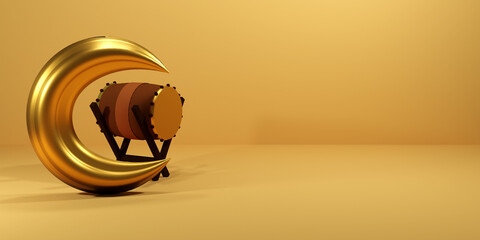 Fototapeta premium 3d Ramadan with the concept of a golden crescent moon and drum background