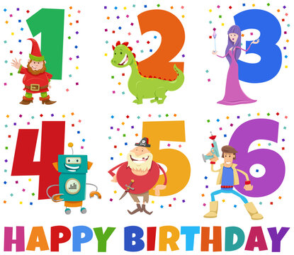 birthday greeting cards set with cartoon fantasy characters