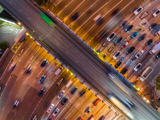 Top down view of city traffic at night