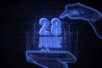 June 28th. A hand holding a phone with a calendar date on a futuristic neon blue background. Day 28 of month.