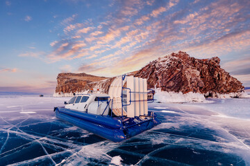 Hovercraft rides on clear ice of Lake Baikal winter