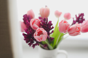 pink tulip bouquet in daylight. Spring stll life, birthday, Easter concept