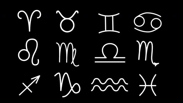 Zodiac symbols, astrology sign seamless loop animation. Black background.