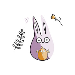 Cartoon bunny and chicken. Easter illustration. Cute Easter doodle drawing. Vector illustration in flat style.