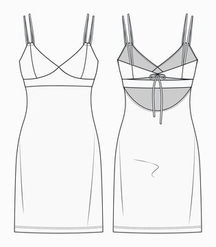 Women bustier mini dress flat sketch vector illustration. Girl strappy dress fashion flat technical drawing. Slip Dress fashion design.