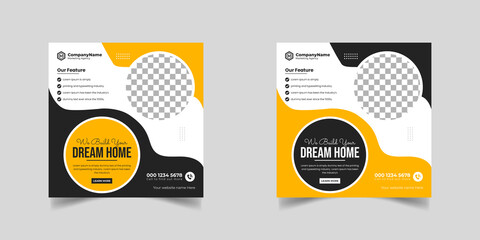 Construction renovation handyman home repair flyer and dream home social media post banner template or Square real estate flyer,