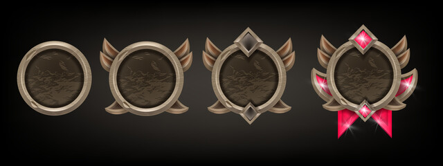Stone game frame set, vector UI fantasy mobile app reward kit, medieval level up user avatar circle. RPG rock round ranking sign collection, fairy panel design element. Ancient game frame award icons © Oleksandra