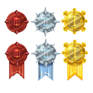 Game medal badge set, vector UI rank award icon, gold reward trophy, silver prize, bronze victory coin. Level up bonus achievement, winner symbol, champion jewelry design. Game medal clipart kit