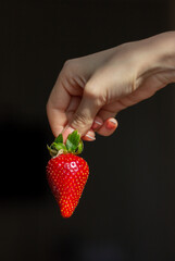 A large ripe and juicy red strawberry, which is held by a tail by a female hand on a black background. Summer berry. Healthy food. High quality photo