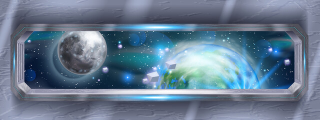 Spaceship window view, future spacecraft interior, vector Earth planet, moon, cosmic stones, stars. Metal neon galaxy game background, night sky, shuttle frame, flare. Fantasy sci-fi spaceship window © Oleksandra