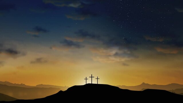 Three crosses on the hill with clouds moving on the starry sky. Easter, resurrection, new life, redemption concept. Seamless looping background 4k
