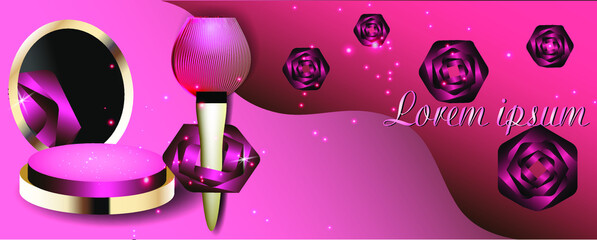 Banner of cosmetic accessories, blush, brush on pink background with silk roses