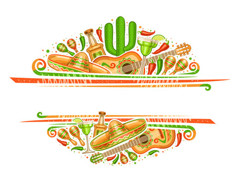 Vector border for Cinco de Mayo with copyspace for text, decorative voucher with illustration of mexican musical instruments, red and green hot peppers, traditional alcohol drinks for cinco de mayo