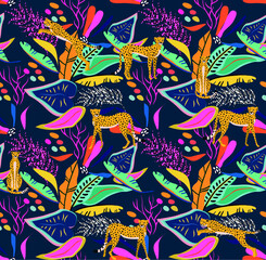 tropical leaves  with animal drawings , wild seamless pattern