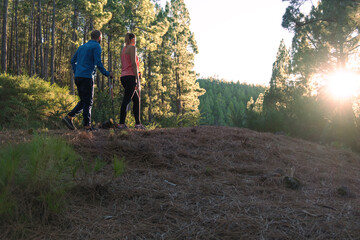 Obraz premium Couple walking in the middle of the forest