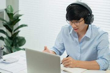 Business man speak conference on laptop in video call people smart working from home